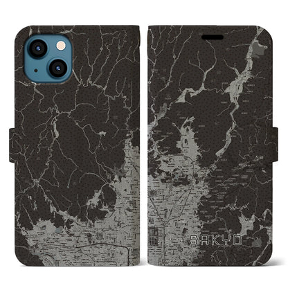 【左京（京都府）】地図柄iPhoneケース（手帳タイプ）モノトーン・iPhone 13 用