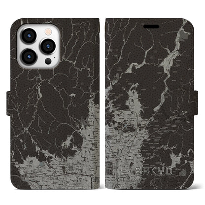 【左京（京都府）】地図柄iPhoneケース（手帳タイプ）モノトーン・iPhone 13 Pro 用