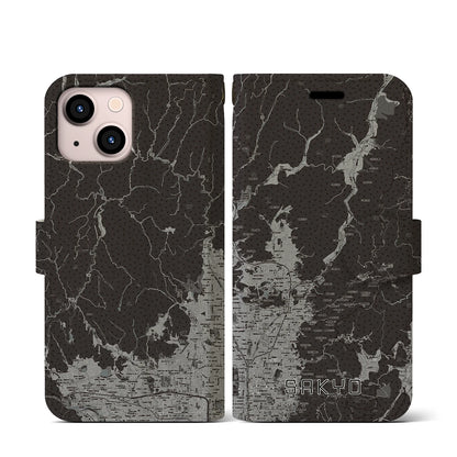 【左京（京都府）】地図柄iPhoneケース（手帳タイプ）モノトーン・iPhone 13 mini 用