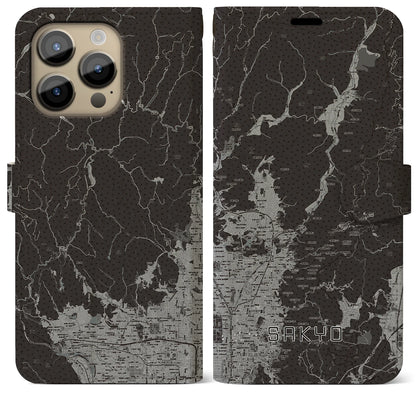 【左京（京都府）】地図柄iPhoneケース（手帳タイプ）モノトーン・iPhone 14 Pro Max 用