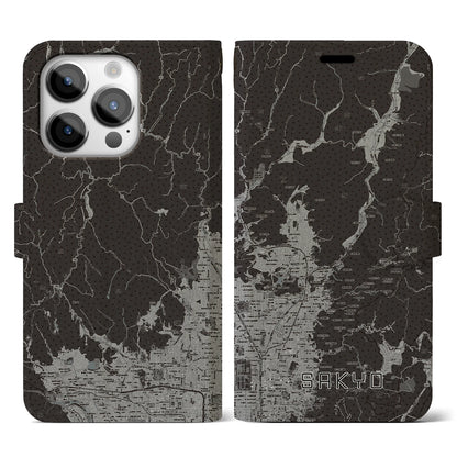 【左京（京都府）】地図柄iPhoneケース（手帳タイプ）モノトーン・iPhone 14 Pro 用