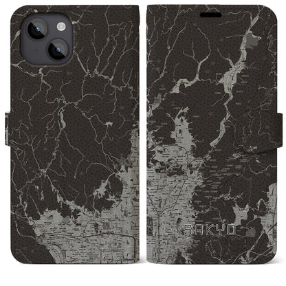 【左京（京都府）】地図柄iPhoneケース（手帳タイプ）モノトーン・iPhone 14 Plus 用
