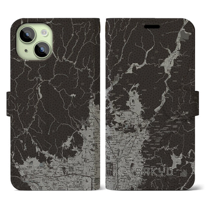 【左京（京都府）】地図柄iPhoneケース（手帳タイプ）モノトーン・iPhone 15 用