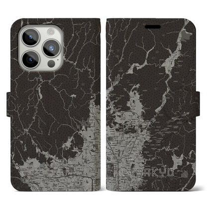 【左京（京都府）】地図柄iPhoneケース（手帳タイプ）モノトーン・iPhone 15 Pro 用
