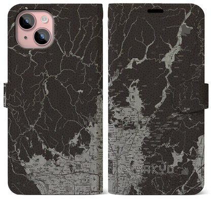 【左京（京都府）】地図柄iPhoneケース（手帳タイプ）モノトーン・iPhone 15 Plus 用