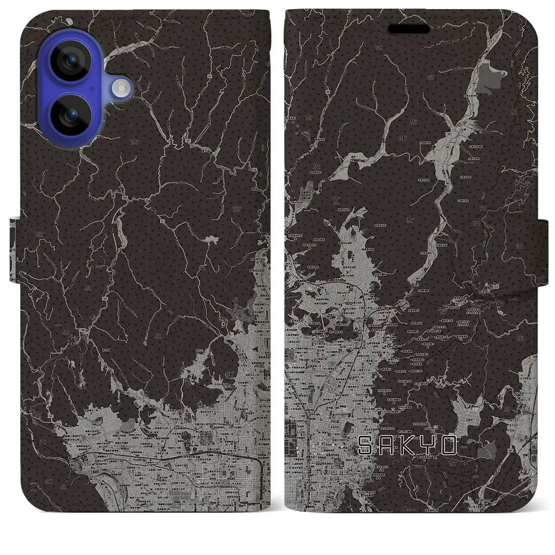 【左京(京都府)】地図柄iPhoneケース(手帳タイプ)モノトーン・iPhone 16 Pro Max 用