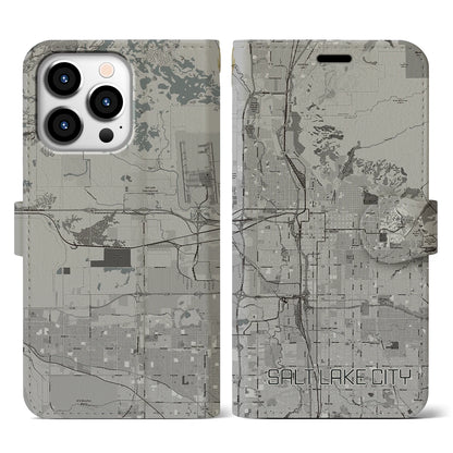 【ソルトレイクシティ（アメリカ）】地図柄iPhoneケース（手帳タイプ）モノトーン・iPhone 13 Pro 用