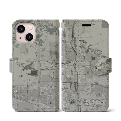 【ソルトレイクシティ（アメリカ）】地図柄iPhoneケース（手帳タイプ）モノトーン・iPhone 13 mini 用