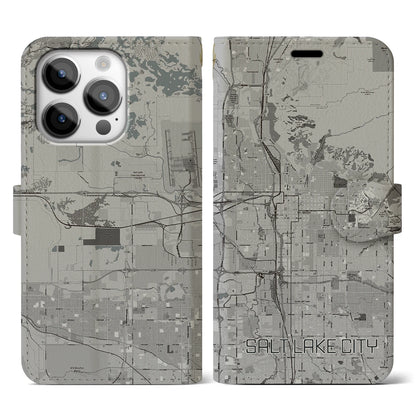 【ソルトレイクシティ（アメリカ）】地図柄iPhoneケース（手帳タイプ）モノトーン・iPhone 14 Pro 用
