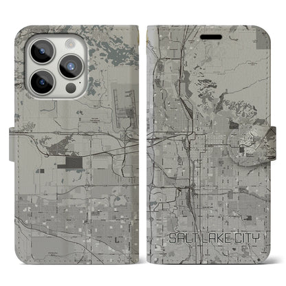 【ソルトレイクシティ（アメリカ）】地図柄iPhoneケース（手帳タイプ）モノトーン・iPhone 15 Pro 用