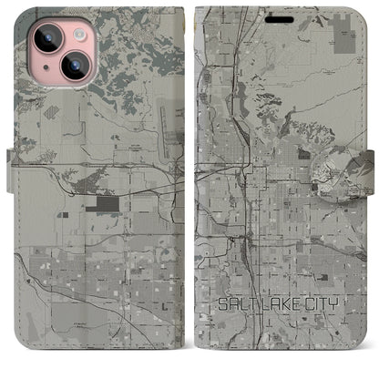 【ソルトレイクシティ（アメリカ）】地図柄iPhoneケース（手帳タイプ）モノトーン・iPhone 15 Plus 用