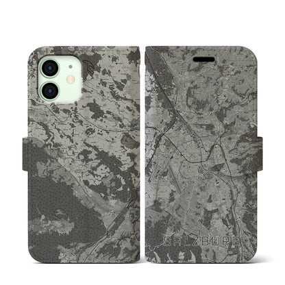 【ザルツブルク（オーストリア）】地図柄iPhoneケース（手帳タイプ）モノトーン・iPhone 12 mini 用