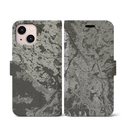 【ザルツブルク（オーストリア）】地図柄iPhoneケース（手帳タイプ）モノトーン・iPhone 13 mini 用