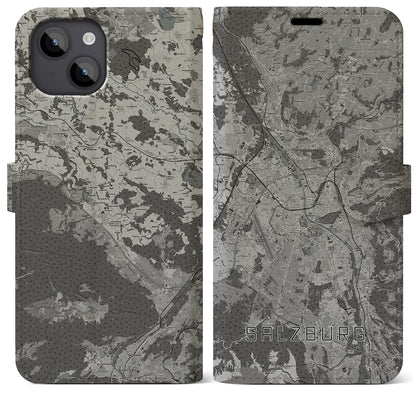 【ザルツブルク（オーストリア）】地図柄iPhoneケース（手帳タイプ）モノトーン・iPhone 14 Plus 用
