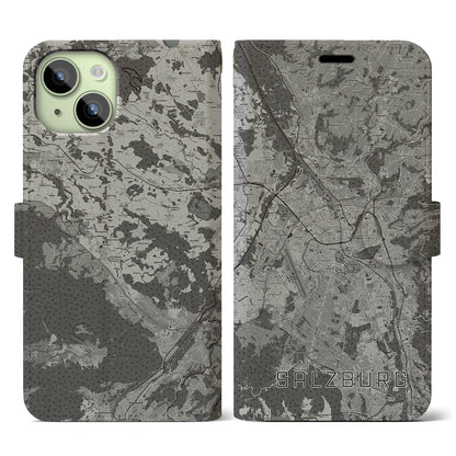 【ザルツブルク（オーストリア）】地図柄iPhoneケース（手帳タイプ）モノトーン・iPhone 15 用