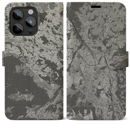 【ザルツブルク（オーストリア）】地図柄iPhoneケース（手帳タイプ）モノトーン・iPhone 15 Pro Max 用