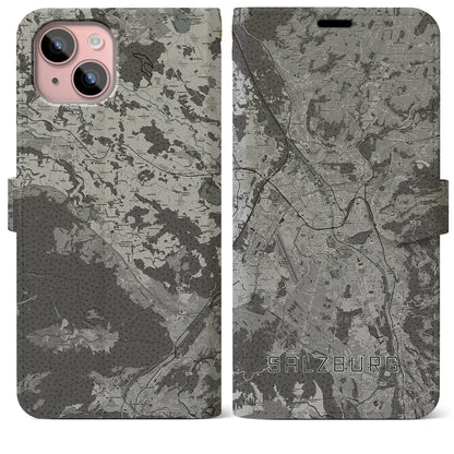 【ザルツブルク（オーストリア）】地図柄iPhoneケース（手帳タイプ）モノトーン・iPhone 15 Plus 用