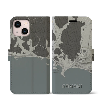 【様似（北海道）】地図柄iPhoneケース（手帳タイプ）モノトーン・iPhone 13 mini 用