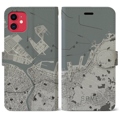 【鮫（青森県）】地図柄iPhoneケース（手帳タイプ）モノトーン・iPhone 11 用