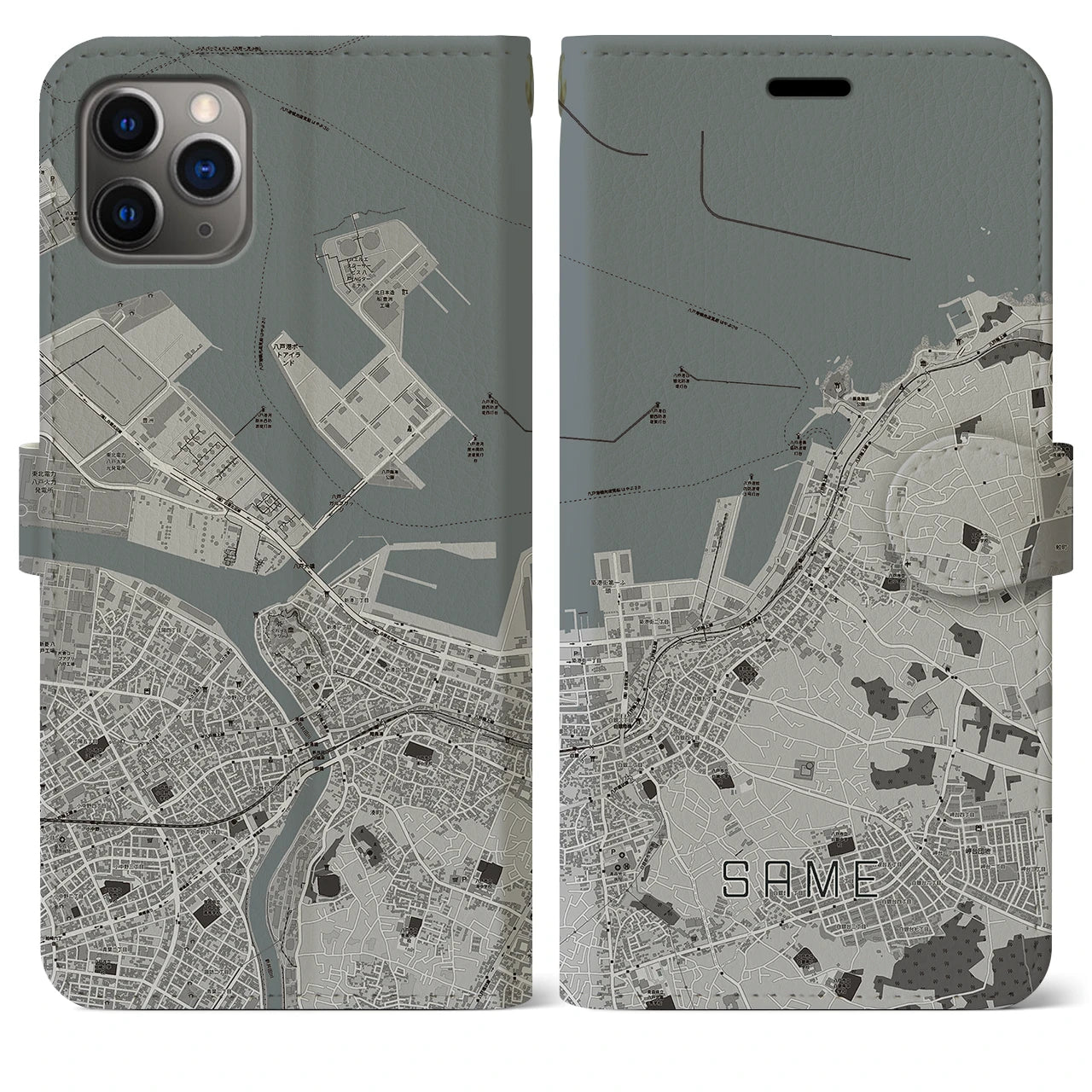 【鮫】地図柄iPhoneケース（手帳両面タイプ・モノトーン）iPhone 11 Pro Max 用