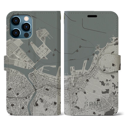 【鮫（青森県）】地図柄iPhoneケース（手帳タイプ）モノトーン・iPhone 12 / 12 Pro 用