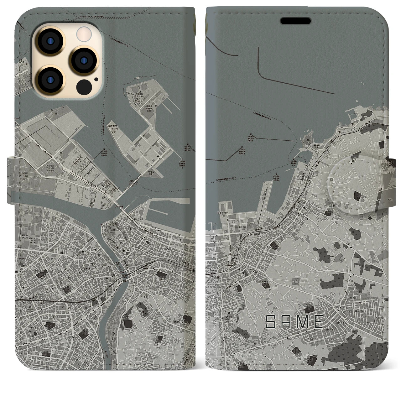 【鮫】地図柄iPhoneケース（手帳両面タイプ・モノトーン）iPhone 12 Pro Max 用
