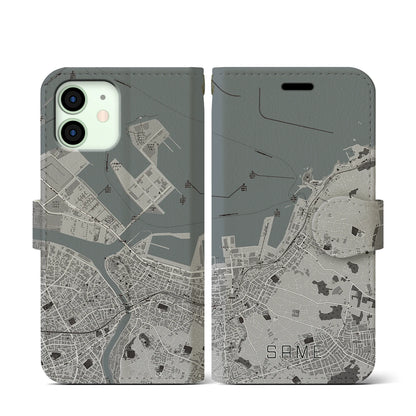 【鮫（青森県）】地図柄iPhoneケース（手帳タイプ）モノトーン・iPhone 12 mini 用