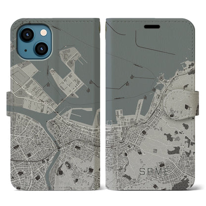 【鮫（青森県）】地図柄iPhoneケース（手帳タイプ）モノトーン・iPhone 13 用