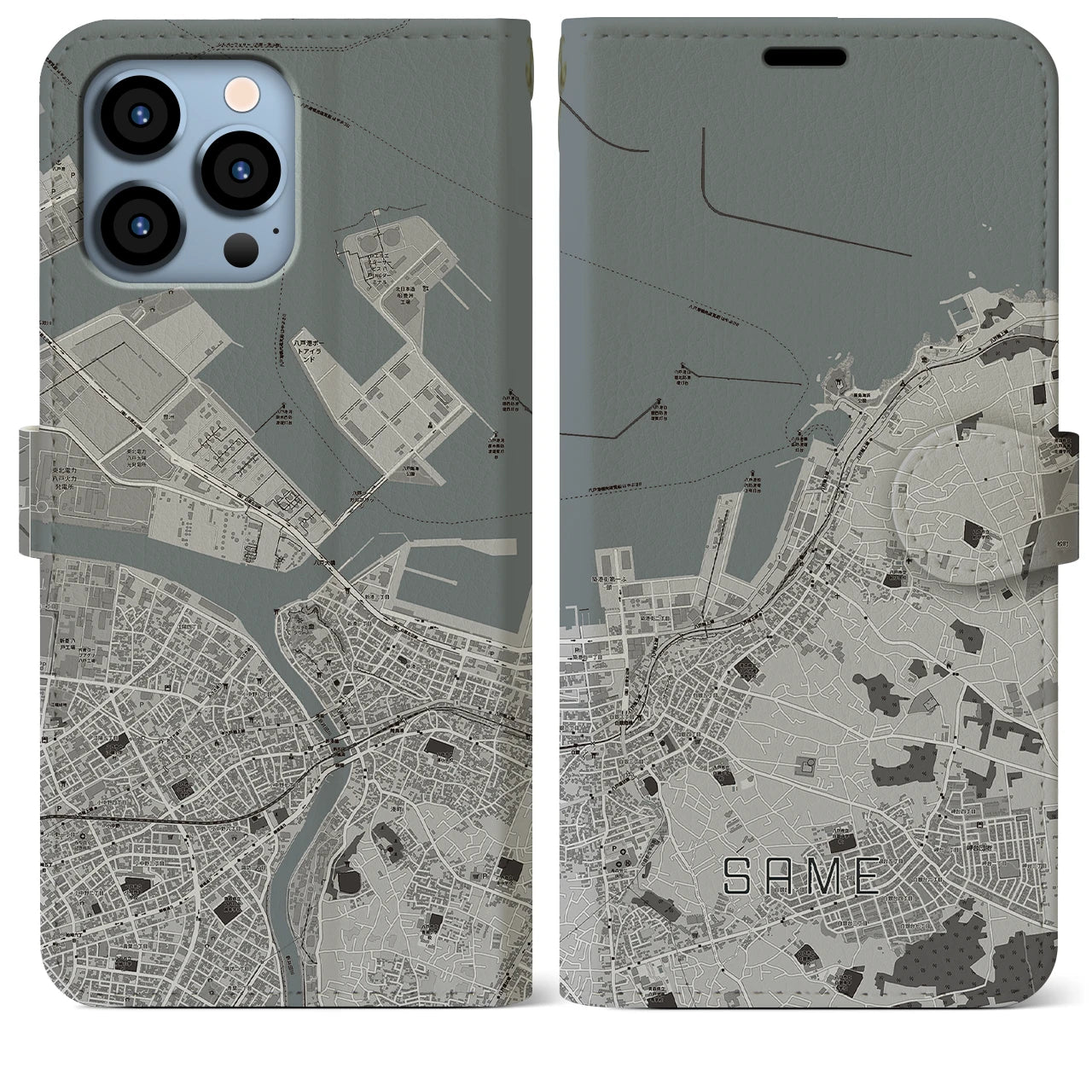 【鮫】地図柄iPhoneケース（手帳両面タイプ・モノトーン）iPhone 13 Pro Max 用
