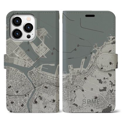 【鮫（青森県）】地図柄iPhoneケース（手帳タイプ）モノトーン・iPhone 13 Pro 用