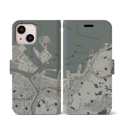 【鮫（青森県）】地図柄iPhoneケース（手帳タイプ）モノトーン・iPhone 13 mini 用