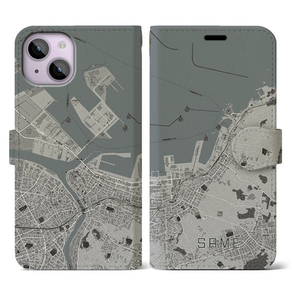 【鮫（青森県）】地図柄iPhoneケース（手帳タイプ）モノトーン・iPhone 14 用