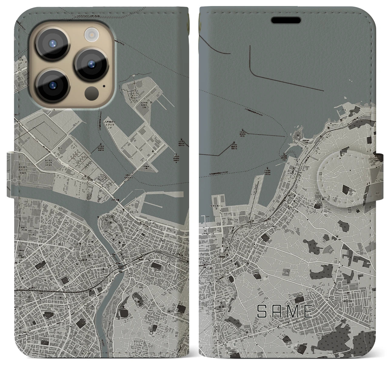 【鮫】地図柄iPhoneケース（手帳両面タイプ・モノトーン）iPhone 14 Pro Max 用