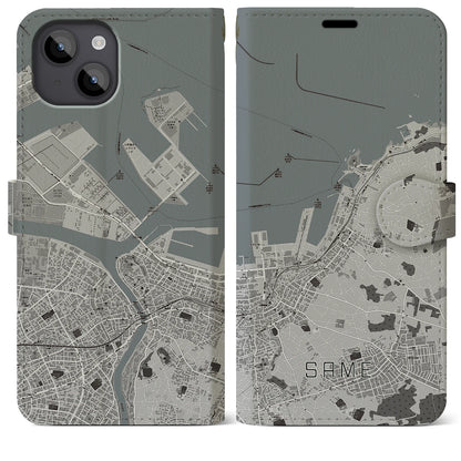 【鮫（青森県）】地図柄iPhoneケース（手帳タイプ）モノトーン・iPhone 14 Plus 用