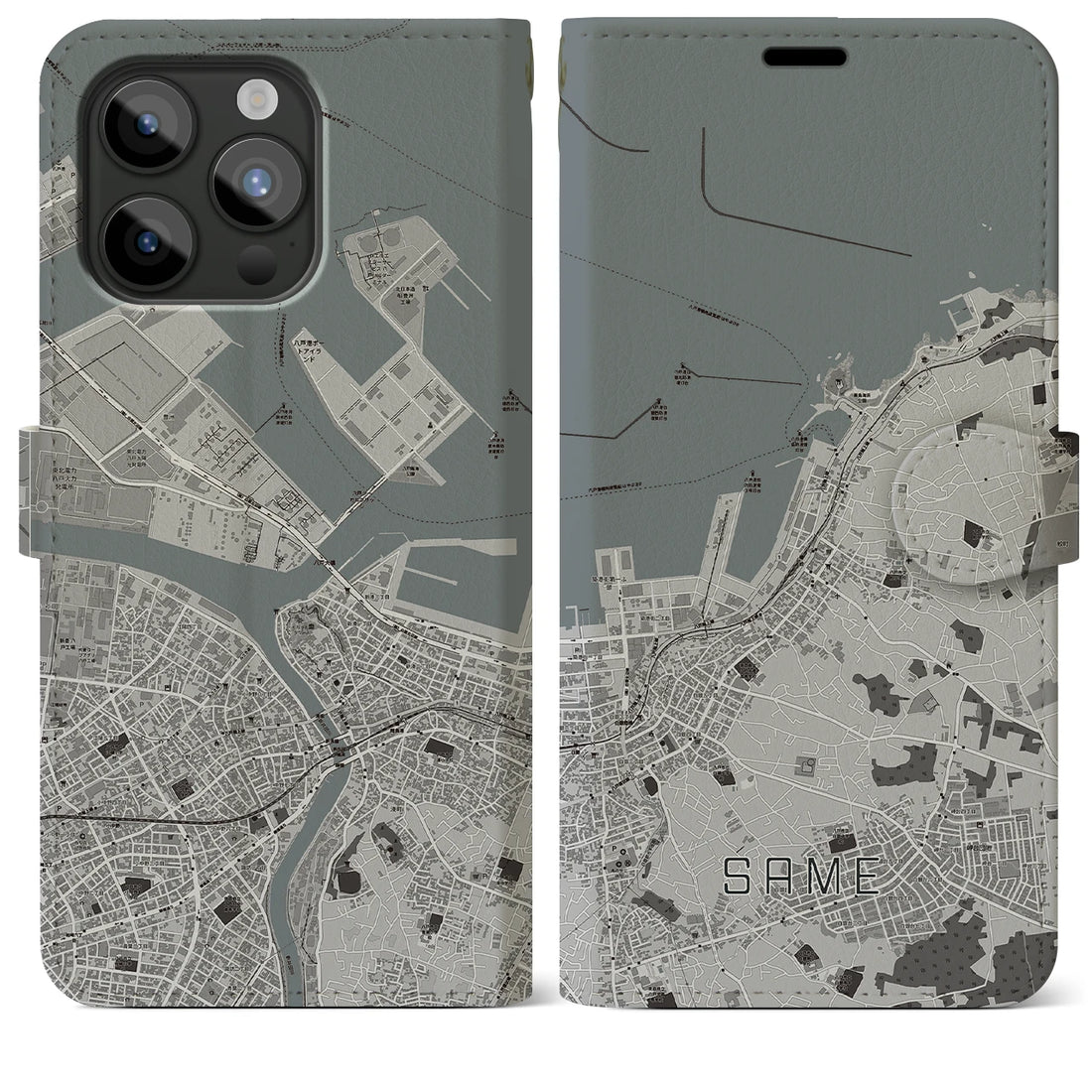 【鮫】地図柄iPhoneケース（手帳両面タイプ・モノトーン）iPhone 15 Pro Max 用