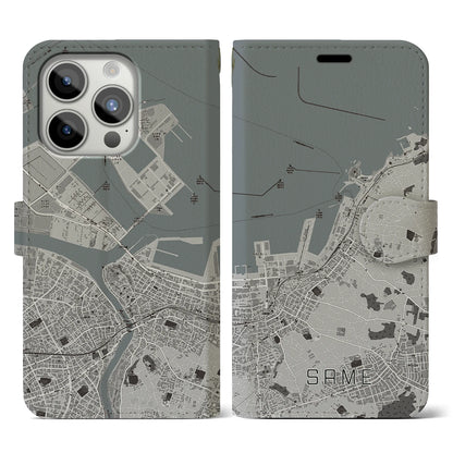 【鮫（青森県）】地図柄iPhoneケース（手帳タイプ）モノトーン・iPhone 15 Pro 用