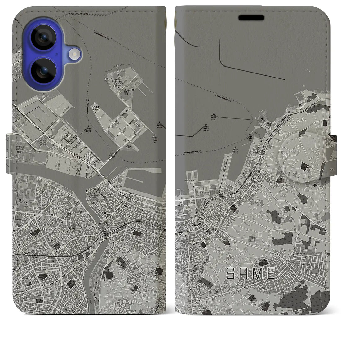 【鮫(青森県)】地図柄iPhoneケース(手帳タイプ)モノトーン・iPhone 16 Pro Max 用