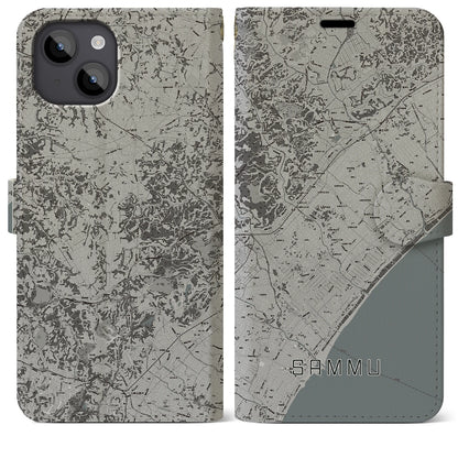 【山武（千葉県）】地図柄iPhoneケース（手帳タイプ）モノトーン・iPhone 14 Plus 用