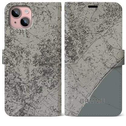 【山武（千葉県）】地図柄iPhoneケース（手帳タイプ）モノトーン・iPhone 15 Plus 用