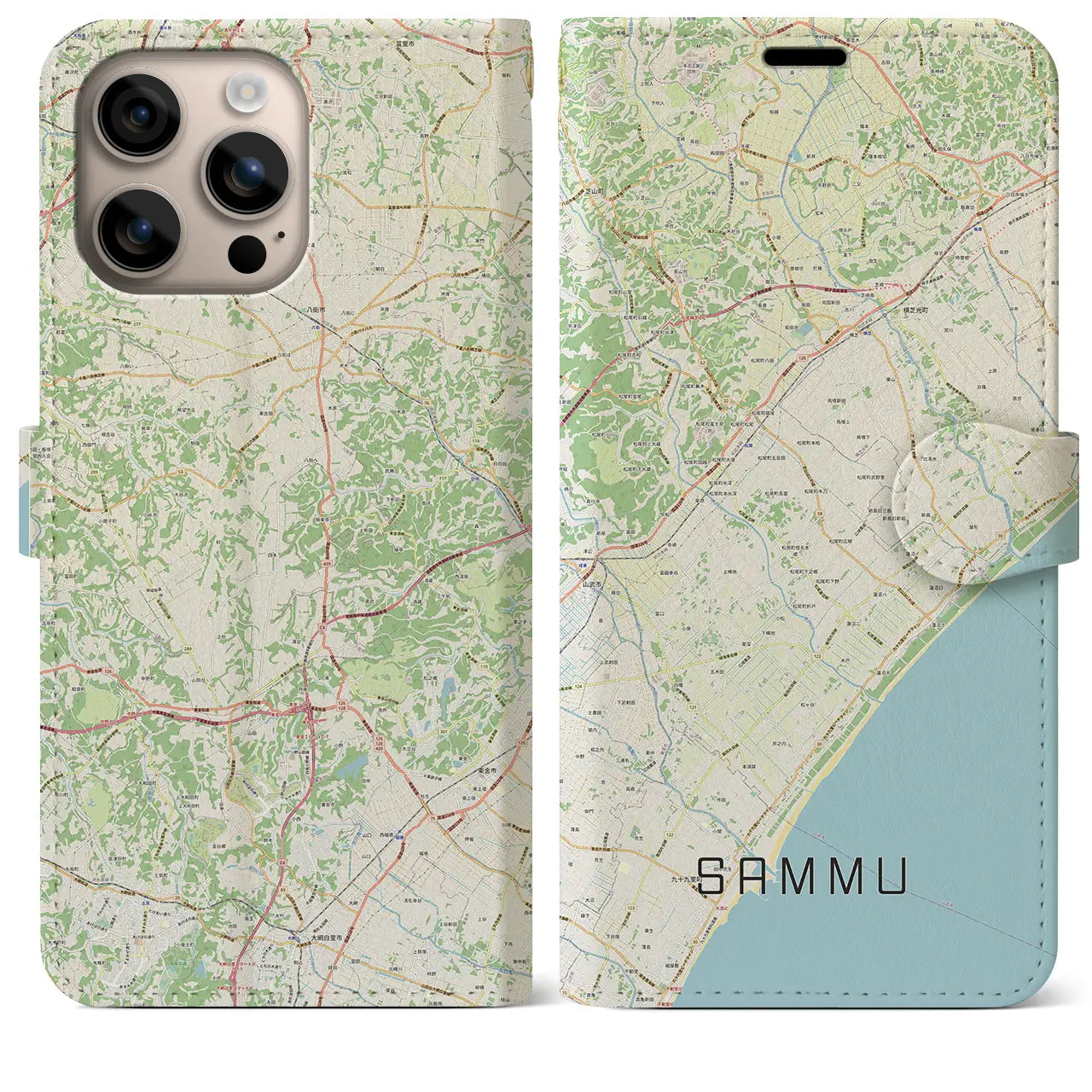 【山武（千葉県）】地図柄iPhoneケース（手帳タイプ）ナチュラル・iPhone 16 Plus 用