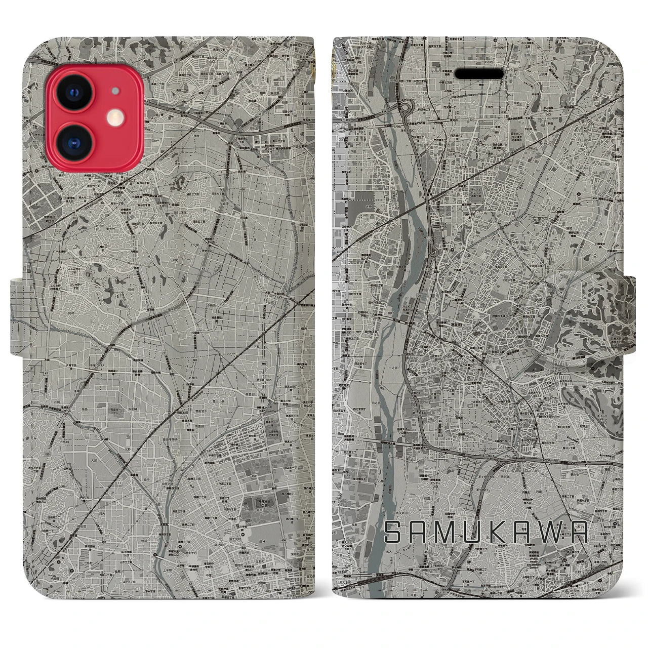 【寒川】地図柄iPhoneケース（手帳両面タイプ・モノトーン）iPhone 11 用