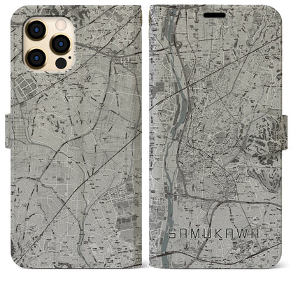 【寒川（神奈川県）】地図柄iPhoneケース（手帳タイプ）モノトーン・iPhone 12 Pro Max 用