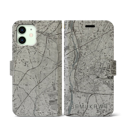 【寒川（神奈川県）】地図柄iPhoneケース（手帳タイプ）モノトーン・iPhone 12 mini 用