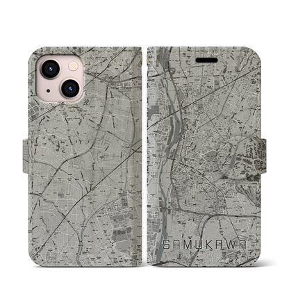 【寒川（神奈川県）】地図柄iPhoneケース（手帳タイプ）モノトーン・iPhone 13 mini 用