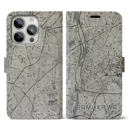 【寒川（神奈川県）】地図柄iPhoneケース（手帳タイプ）モノトーン・iPhone 15 Pro 用