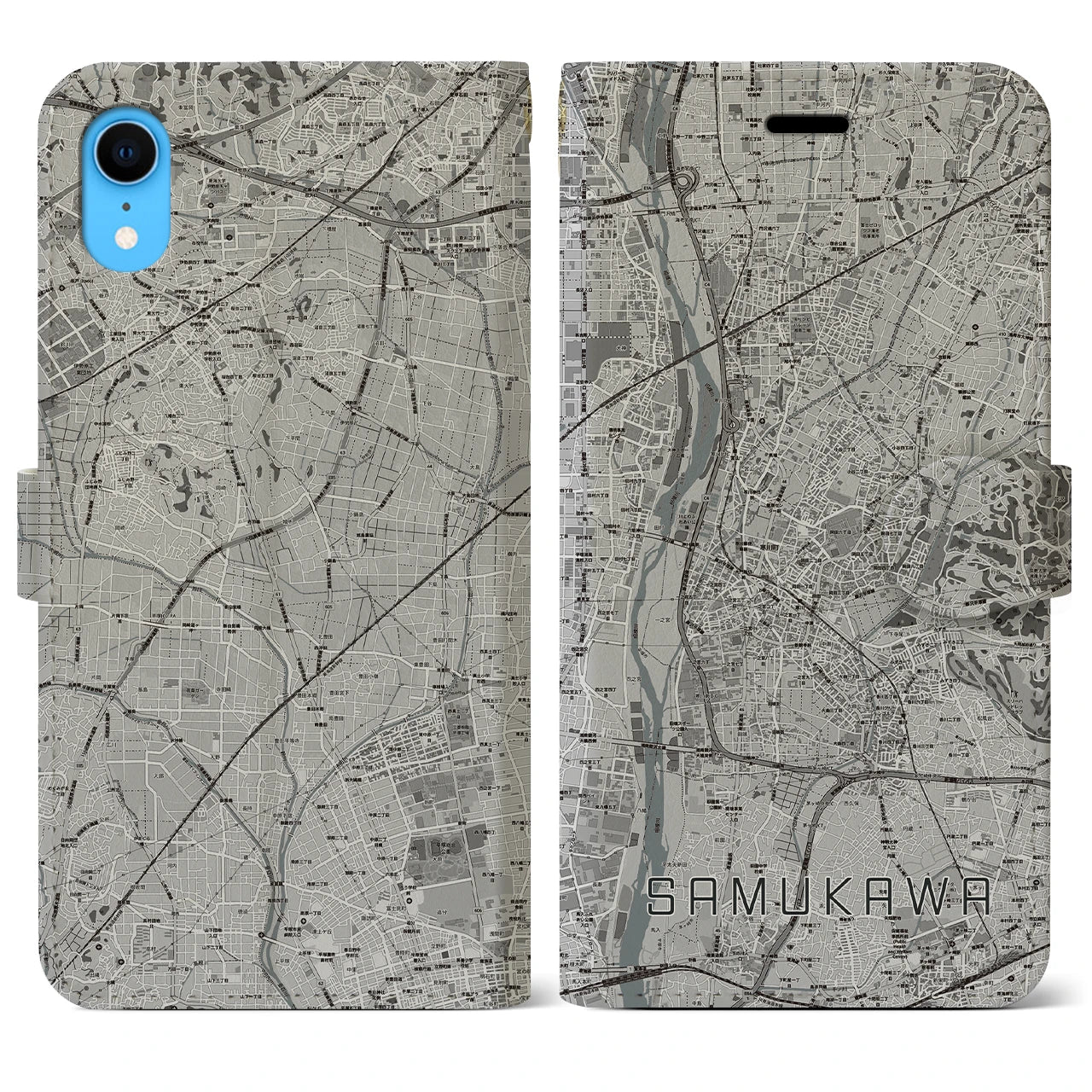 【寒川】地図柄iPhoneケース（手帳両面タイプ・モノトーン）iPhone XR 用