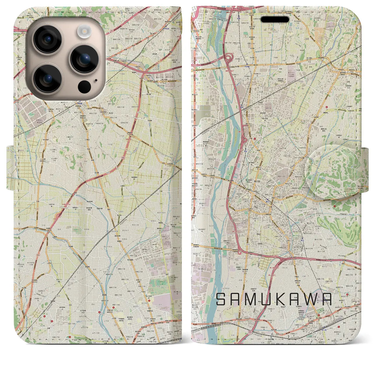 【寒川（神奈川県）】地図柄iPhoneケース（手帳タイプ）ナチュラル・iPhone 16 Plus 用