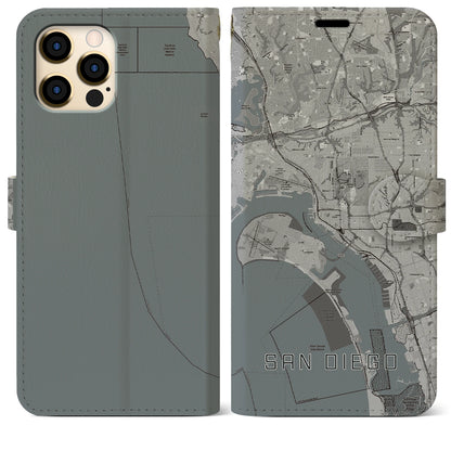 【サンディエゴ（アメリカ）】地図柄iPhoneケース（手帳タイプ）モノトーン・iPhone 12 Pro Max 用