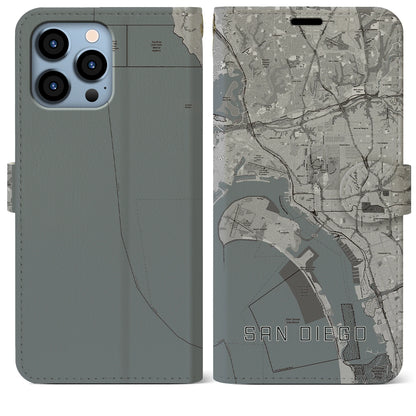 【サンディエゴ（アメリカ）】地図柄iPhoneケース（手帳タイプ）モノトーン・iPhone 13 Pro Max 用