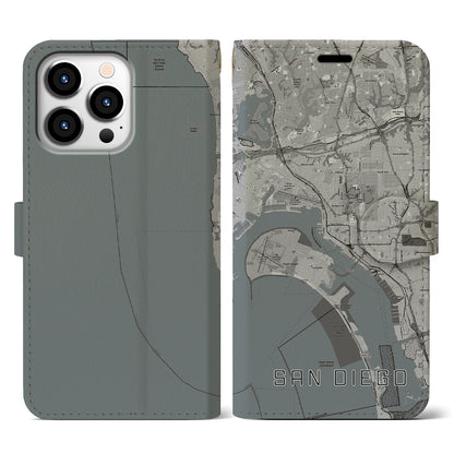 【サンディエゴ（アメリカ）】地図柄iPhoneケース（手帳タイプ）モノトーン・iPhone 13 Pro 用
